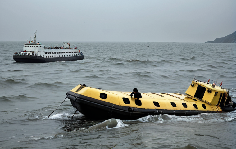 **

A capsized ferry, the Sewol, sinking into dark, cold water.  Distraught parents watch from the shore, their faces etched with worry and grief. Rescue boats are present, but the scene conveys a sense of hopelessness and slow response. Overcast sky, turbulent sea.

**