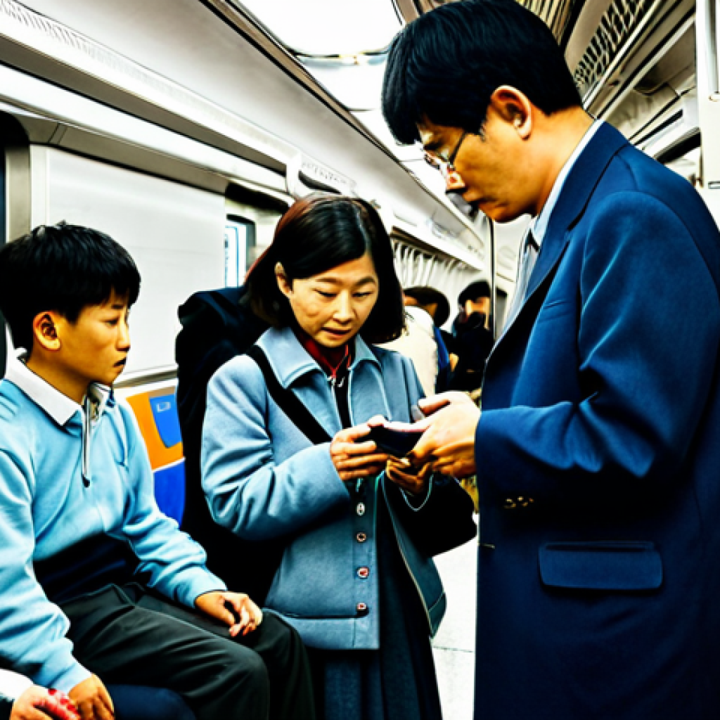 **
"A diverse group of fully clothed commuters on a modern Seoul subway, safe for work, appropriate content. One young man helps an elderly woman with her luggage, while others are quietly reading or using their phones with headphones. The scene is clean and well-lit, professional photography, perfect anatomy, natural proportions, modest clothing, family-friendly atmosphere."
**