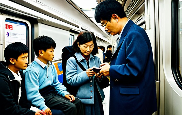 **
"A diverse group of fully clothed commuters on a modern Seoul subway, safe for work, appropriate content. One young man helps an elderly woman with her luggage, while others are quietly reading or using their phones with headphones. The scene is clean and well-lit, professional photography, perfect anatomy, natural proportions, modest clothing, family-friendly atmosphere."
**