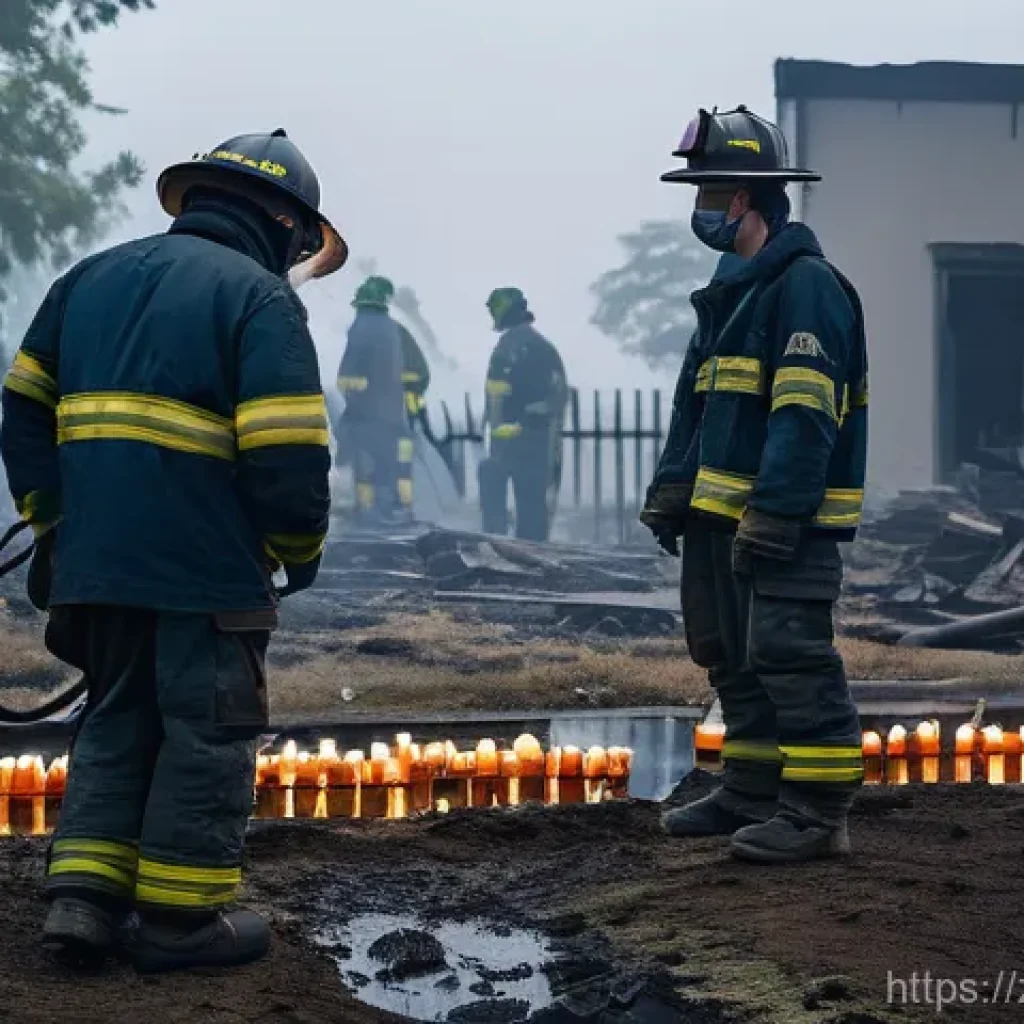 한국 역사 속 대형 화재 - **Prompt:** A somber, misty morning scene outside a heavily damaged youth training center building, ...