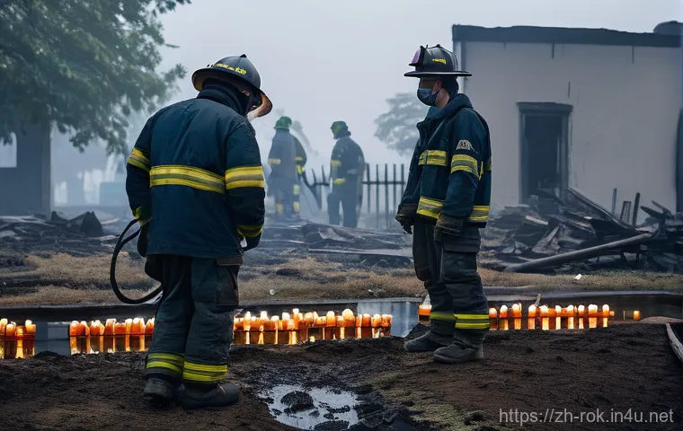 한국 역사 속 대형 화재 - **Prompt:** A somber, misty morning scene outside a heavily damaged youth training center building, ...