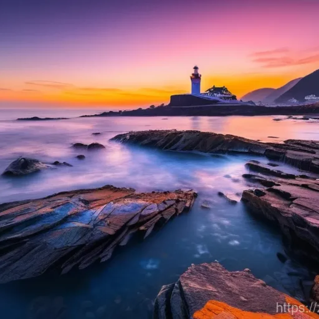울산 대왕암 일출 촬영 팁 - **"A breathtaking wide-angle view of the Daewangam coastline at sunrise. Majestic, rugged rock forma...