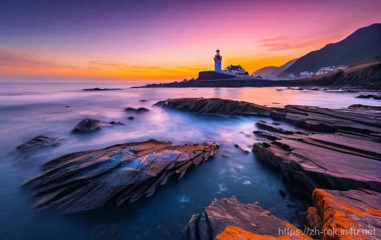 울산 대왕암 일출 촬영 팁 - **"A breathtaking wide-angle view of the Daewangam coastline at sunrise. Majestic, rugged rock forma...