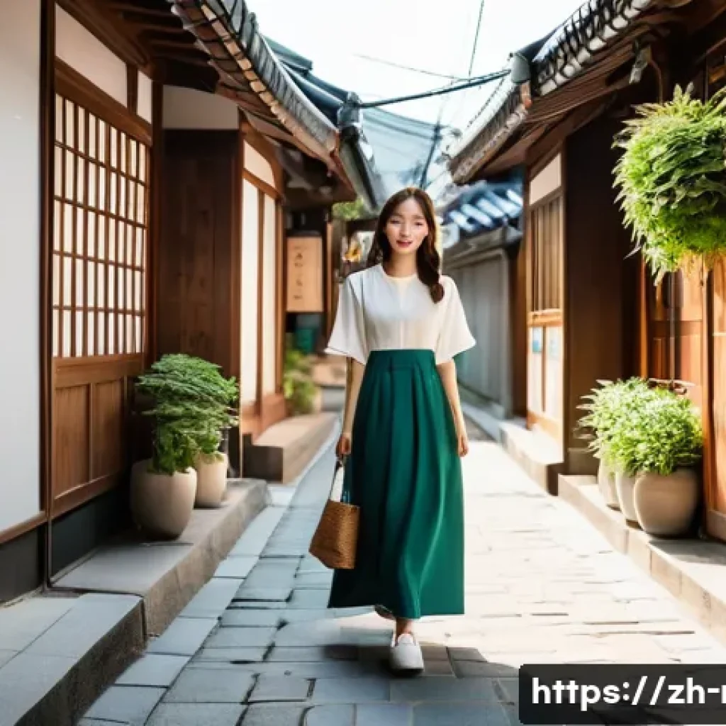 대한민국 관광지 - A young woman, dressed in a chic, modest long dress and comfortable walking shoes, stands in a narro...