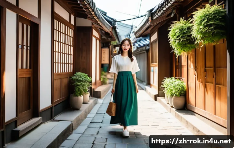 대한민국 관광지 - A young woman, dressed in a chic, modest long dress and comfortable walking shoes, stands in a narro...