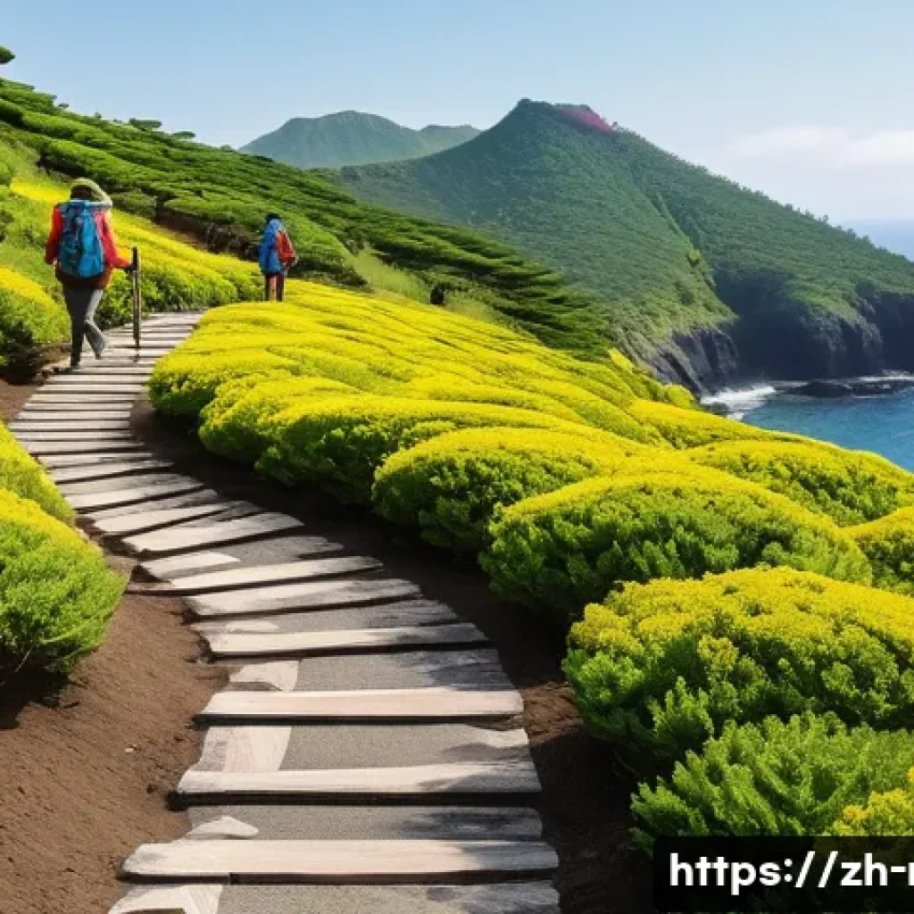 제주도 오름 등산 코스 - A peaceful beginner hiking trail along a gentle volcanic crater slope on Jeju Island, featuring wide...