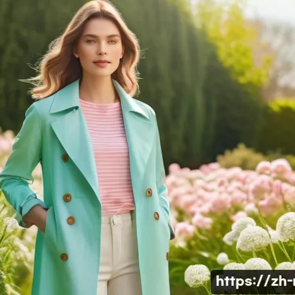 계절별 적합한 옷차림 - A stylish young woman dressed in bright spring colors such as pastel green, light pink, and sky blue...