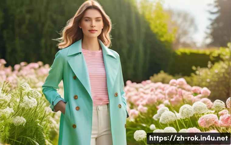 계절별 적합한 옷차림 - A stylish young woman dressed in bright spring colors such as pastel green, light pink, and sky blue...