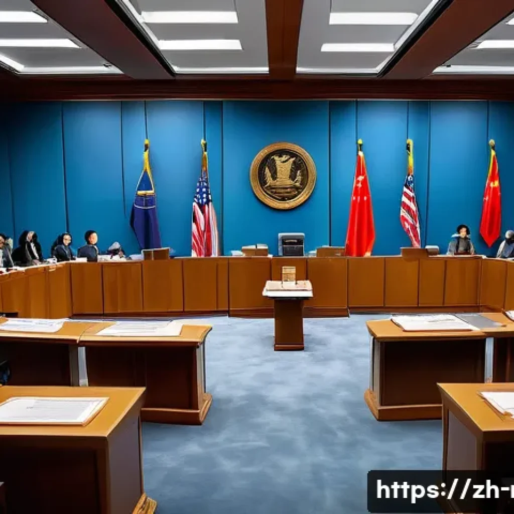 헌법재판소 탄핵 판결 - A modern courtroom scene depicting an impeachment trial in progress, with a diverse panel of judges ...