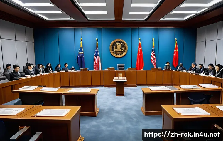 헌법재판소 탄핵 판결 - A modern courtroom scene depicting an impeachment trial in progress, with a diverse panel of judges ...