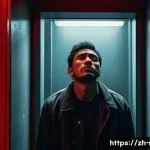 박찬욱 영화 올드보이 - A dramatic, intense scene featuring a lone male protagonist in a dimly lit, confined room symbolizin...