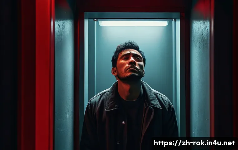 박찬욱 영화 올드보이 - A dramatic, intense scene featuring a lone male protagonist in a dimly lit, confined room symbolizin...