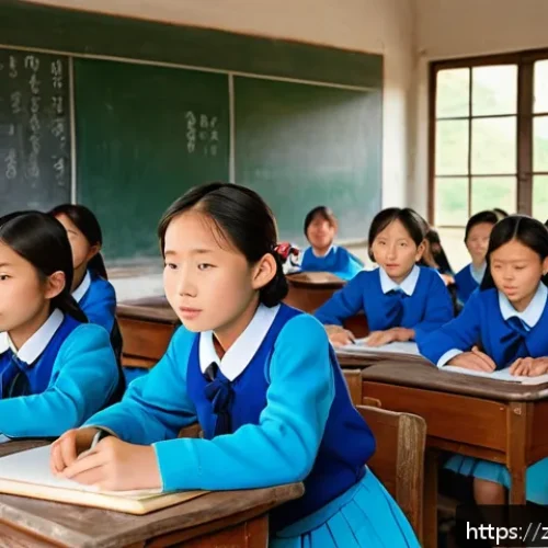 한국 교육 제도의 문제점 - A rural Korean classroom scene showing children wearing neat school uniforms and sitting attentively...