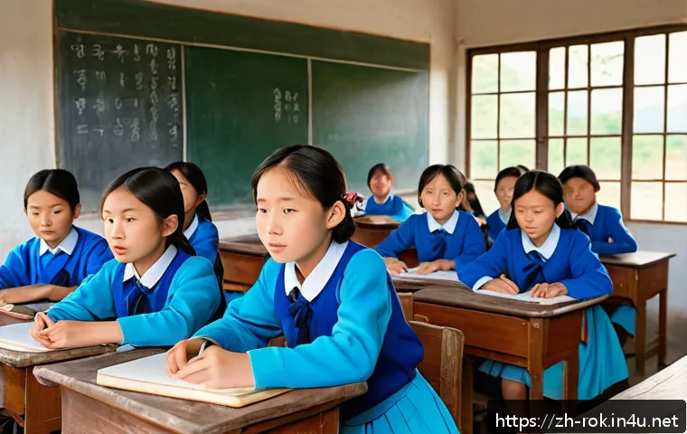 한국 교육 제도의 문제점 - A rural Korean classroom scene showing children wearing neat school uniforms and sitting attentively...