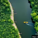 한강 실종 사건 - A detailed aerial view of a turbulent section of the Han River, featuring fast-flowing water with de...