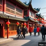 인천 차이나타운 역사 - A vibrant street scene in Incheon Chinatown during the Chinese New Year celebration, featuring tradi...