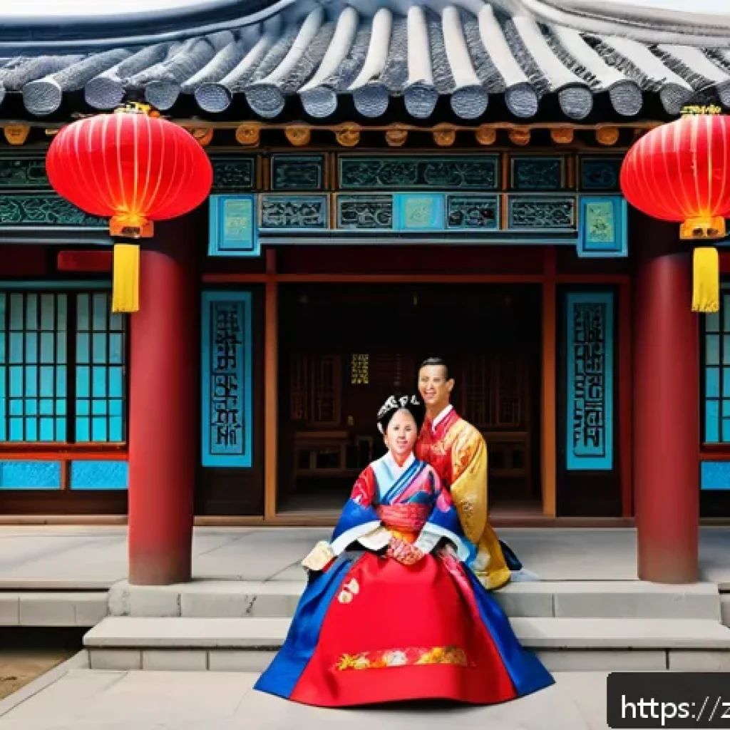 한국 전통 혼례 - A traditional Korean wedding scene featuring a bride and groom dressed in vibrant hanbok with intric...