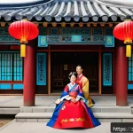 한국 전통 혼례 - A traditional Korean wedding scene featuring a bride and groom dressed in vibrant hanbok with intric...