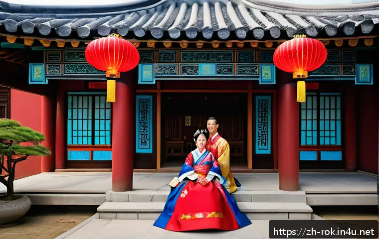한국 전통 혼례 - A traditional Korean wedding scene featuring a bride and groom dressed in vibrant hanbok with intric...
