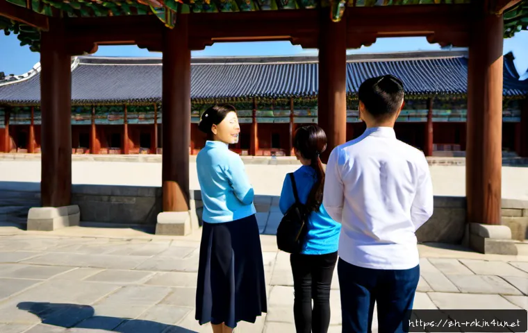 서울 경복궁 가이드 - Photorealistic travel guide scene at Gyeongbokgung Palace in Seoul, a friendly Korean local guide in...
