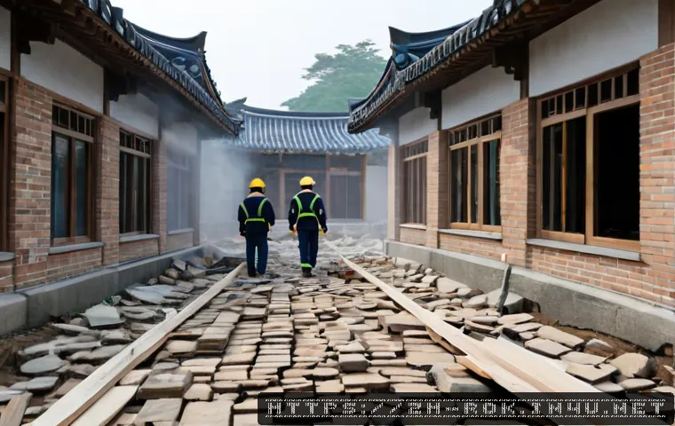 경주 지진의 피해 - Photorealistic earthquake damage in a quiet historic Korean city neighborhood, cracked brick walls a...