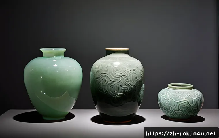 고려청자 발달사 - Photorealistic museum display illustrating the development of Goryeo celadon, three elegant ceramic ...